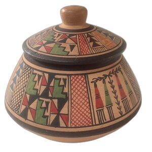 Vintage Inca Tribal Peruvian Terracotta Clay Trinket Box with Lid